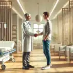 Scena simbolica della fiducia tra medico e paziente, emblema della sicurezza nelle cure e della tutela del diritto alla salute garantita dalla Legge Gelli-Bianco, con riferimento alla responsabilità medica e al risarcimento in caso di malasanità.
