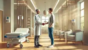 Scena simbolica della fiducia tra medico e paziente, emblema della sicurezza nelle cure e della tutela del diritto alla salute garantita dalla Legge Gelli-Bianco, con riferimento alla responsabilità medica e al risarcimento in caso di malasanità.
