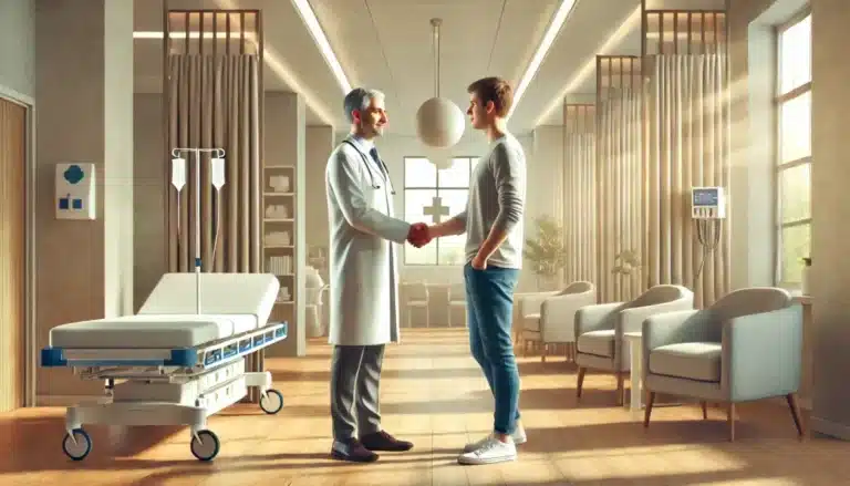 Scena simbolica della fiducia tra medico e paziente, emblema della sicurezza nelle cure e della tutela del diritto alla salute garantita dalla Legge Gelli-Bianco, con riferimento alla responsabilità medica e al risarcimento in caso di malasanità.