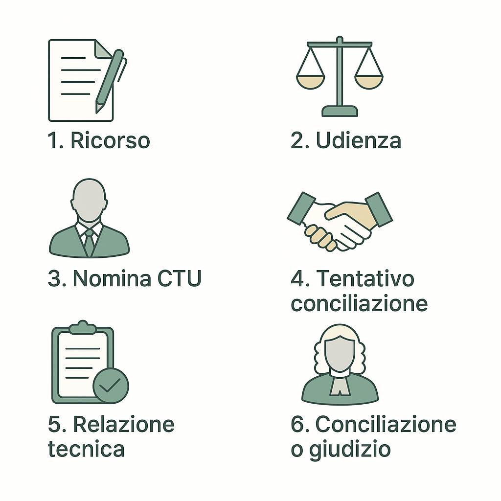 6 passi ATP ordinati visivamente con icone: 1. Ricorso, 2. Udienza, 3. Nomina CTU, 4. Tentativo conciliazione, 5. Relazione tecnica, 6. Conciliazione o giudizio.