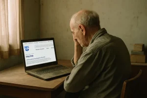 immagine di un uomo anziano in attesa del suo TFR/TFS pubblico impiego: di fronte al sito internet dell'INPS