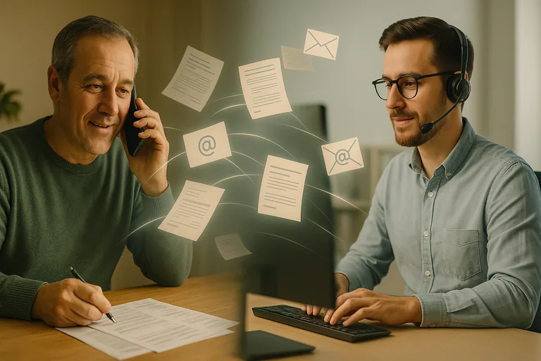 Cittadino al telefono da casa e operatore di segreteria in ufficio che si scambiano documenti sanitari via PEC per inviare correttamente la richiesta all’ASL e far valere il diritto alle cure a carico del Servizio Sanitario Nazionale.