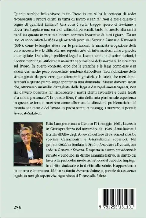 Retro copertina dell'ebook bestseller Amazon di Bruno Editore Diritto alla Salute di Rita Lasagna, dedicato a lavoratori, cittadini, sanità e malasanità
