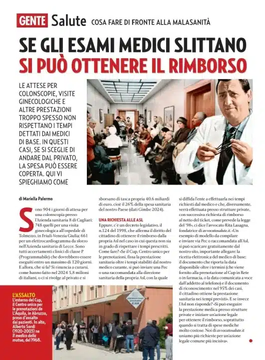rivista Gente Giovedì 18 settembre rubrica salute malasanita esami medici slittano ottenere rimborso articolo di Mariella Palermo