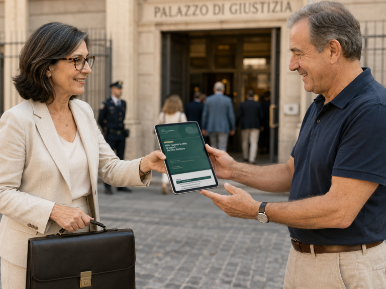 Avvocato porge tablet con Guida legale 2026 PDF scaricabile su quando la retta della RSA è a carico del Servizio Sanitario Nazionale e su come ottenere il rimborso delle somme pagate di tasca propria.