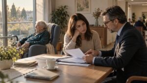 Anziano in RSA con familiare e avvocato durante una consulenza su possibile revoca o sospensione indennità di accompagnamento e retta sanitaria